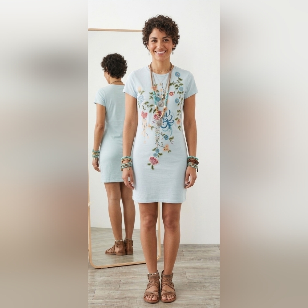 Boho Casual XS Floral Festival Embroidered Weekend Cotton Tee Shirt Dress New